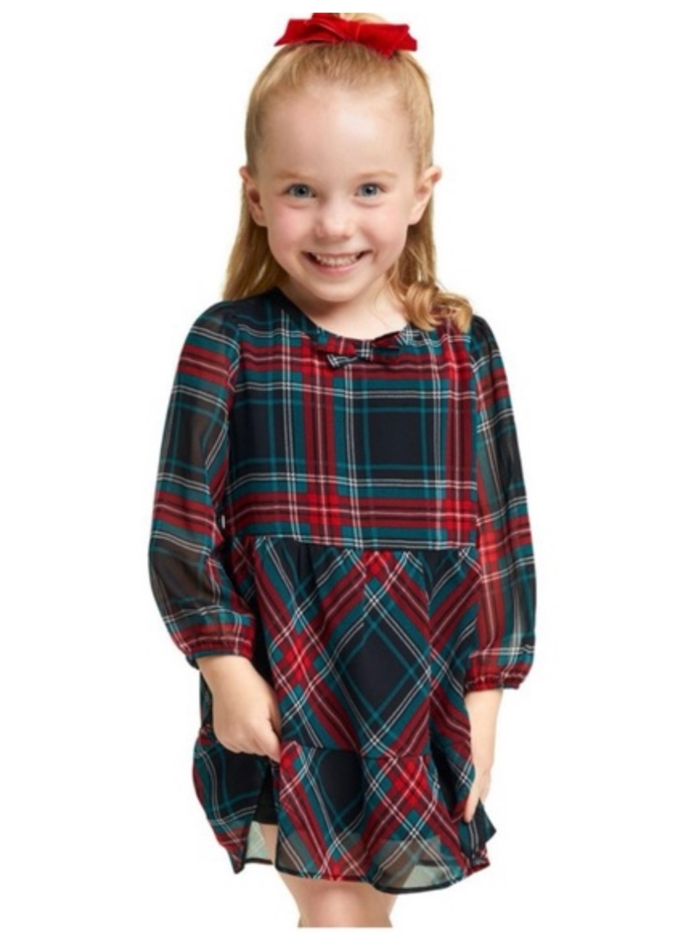 Draper James Girls Festive Black and Red Plaid Long-Sleeve Holiday Dress